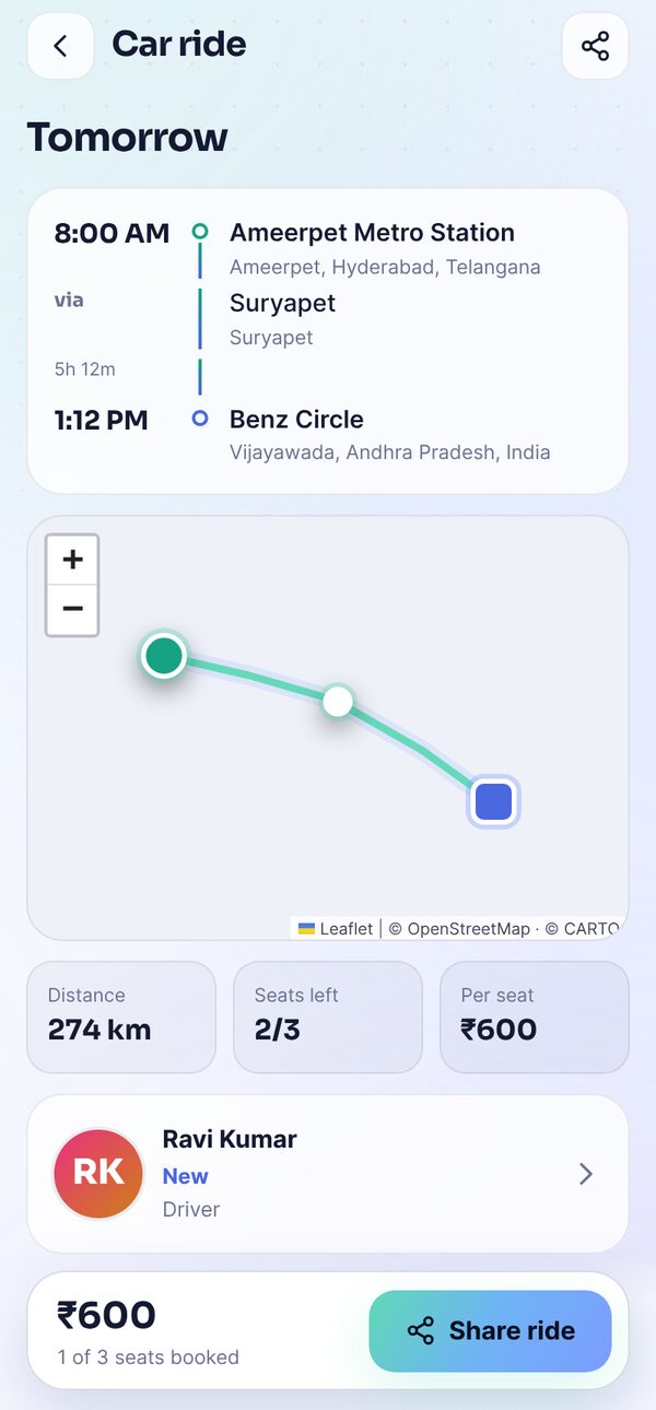 Driver's ride page with a confirmed passenger