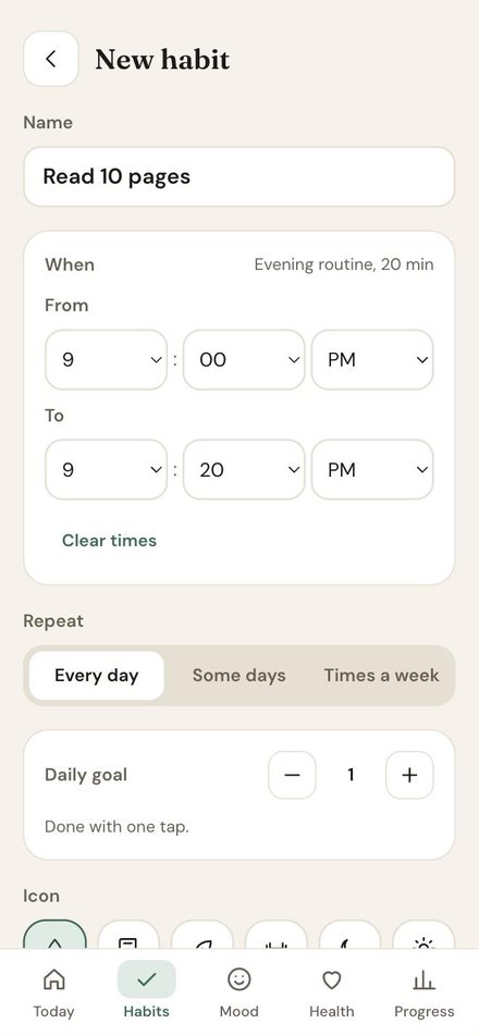 Bloom Add a habit screen