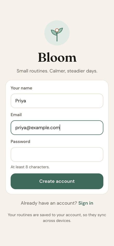 Bloom Create an account screen