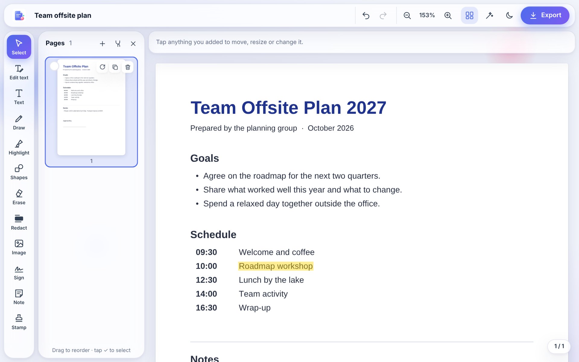Folion editing a PDF: changed title, highlighted line, pages panel and tools