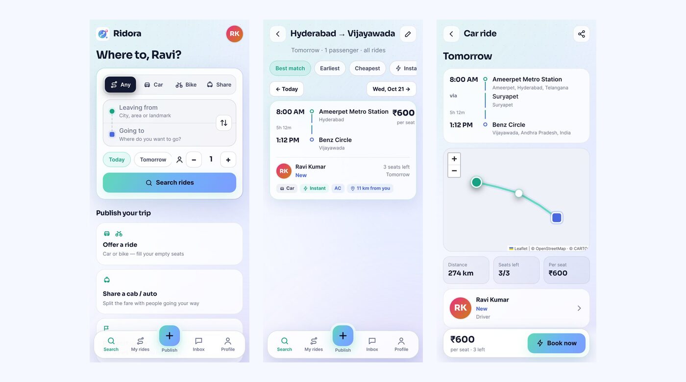 Ridora search, results and ride details screens