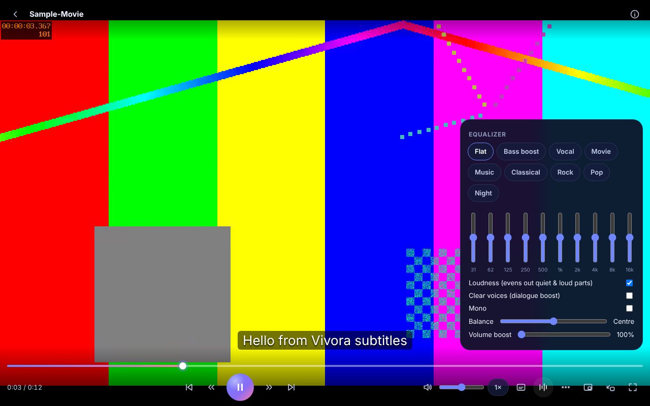 Vivora playing a video with subtitles and the equalizer open